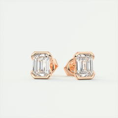 1.0 CT Emerald Half Bezel Solitaire G-VS Lab Grown Diamond Earrings