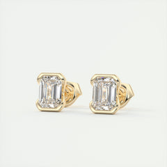 1.0 CT Emerald Half Bezel Solitaire G-VS Lab Grown Diamond Earrings