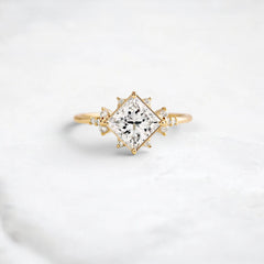 2CT Princess Cut Moissanite Cluster Engagement Ring with Four Prong Setting