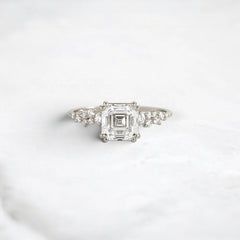 1.5 Carat Asscher Cut Moissanite Cluster Double Prong Engagement Ring in 14K Solid Yellow Gold