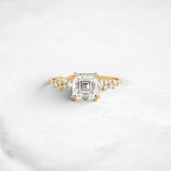 1.5 Carat Asscher Cut Moissanite Cluster Double Prong Engagement Ring in 14K Solid Yellow Gold