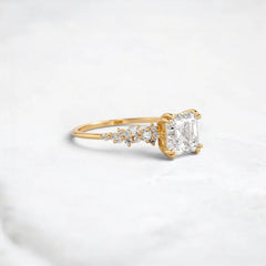 1.5 Carat Asscher Cut Moissanite Cluster Double Prong Engagement Ring in 14K Solid Yellow Gold