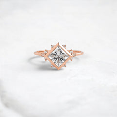 Princess Cut 1.71CT Moissanite Cluster Bezel Band Engagement Ring