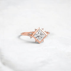 Princess Cut 1.71CT Moissanite Cluster Bezel Band Engagement Ring