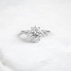 Princess Cut 1.71CT Moissanite Cluster Bezel Band Engagement Ring