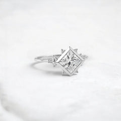 Princess Cut 1.71CT Moissanite Cluster Bezel Band Engagement Ring