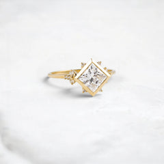 Princess Cut 1.71CT Moissanite Cluster Bezel Band Engagement Ring