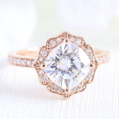 2.30CT Vintage Floral Cushion Cut Moissanite Halo Bridal Engagement Ring Set