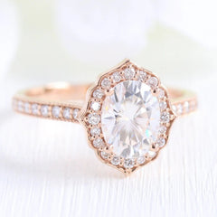 1.50CT Vintage Floral Oval Cut Moissanite Halo Bridal Engagement Ring Set