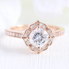 1.0CT Floral Cushion Cut Moissanite Halo Bridal Engagement Ring Set