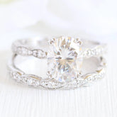 2.0CT Oval Cut Solitaire Moissanite Halo Bridal Engagement Ring Set