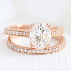 2.0CT Solitaire Oval Cut Moissanite Halo Bridal Engagement Ring Set