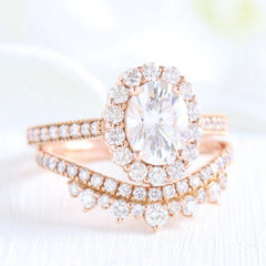 1.50CT Oval Cut Solitaire Moissanite Halo Bridal Engagement Ring Set