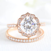 2.30CT Vintage Floral Cushion Cut Moissanite Halo Bridal Engagement Ring Set