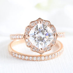 2.30CT Vintage Floral Cushion Cut Moissanite Halo Bridal Engagement Ring Set