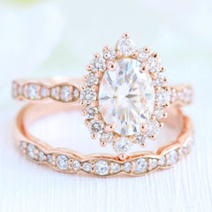 1.50CT Oval Cut Moissanite Halo Pave Bridal Engagement Ring Set