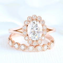 1.50CT Oval Cut Moissanite Halo Bridal Engagement Ring Set