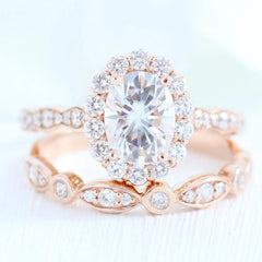 1.50CT Oval Cut Moissanite Halo Bridal Engagement Ring Set