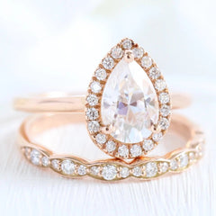 1.50CT Pear Cut Moissanite Halo Bridal Engagement Ring Set