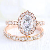 1.50CT Vintage Floral Oval Cut Moissanite Halo Engagement Ring Set