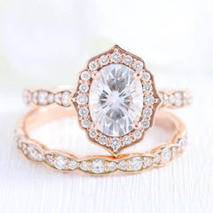 1.50CT Vintage Floral Oval Cut Moissanite Halo Engagement Ring Set