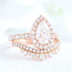 1.50CT Pear Cut Solitaire Moissanite Halo Bridal Engagement Ring Set