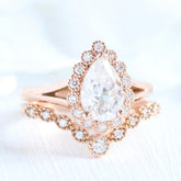 1.50CT Pear Cut Solitaire Moissanite Halo Bridal Engagement Ring Set
