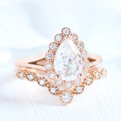 1.50CT Pear Cut Solitaire Moissanite Halo Bridal Engagement Ring Set