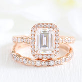 1.60CT Emerald Cut Moissanite Halo Bridal Engagement Ring Set