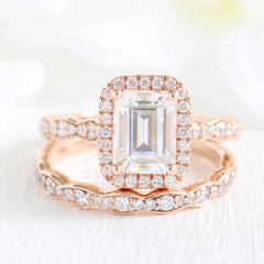 1.60CT Emerald Cut Moissanite Halo Bridal Engagement Ring Set
