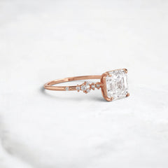 2 Carat Asscher Cut Moissanite Engagement Ring with Cluster Side Stones
