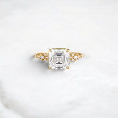 2 Carat Asscher Cut Moissanite Engagement Ring with Cluster Side Stones