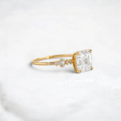 2 Carat Asscher Cut Moissanite Engagement Ring with Cluster Side Stones