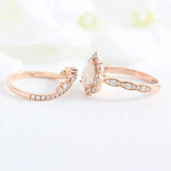 1.0CT Vintage Floral Pear Cut Moissanite Halo Bridal Engagement Ring Set
