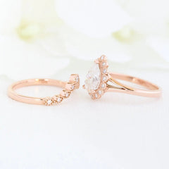 1.50CT Pear Cut Solitaire Moissanite Halo Bridal Engagement Ring Set
