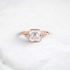2CT Asscher Cut Bezel Set Moissanite Halo Cluster Engagement Ring in 14K Gold
