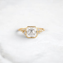 2CT Asscher Cut Bezel Set Moissanite Halo Cluster Engagement Ring in 14K Gold