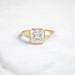 3.13CT Asscher Cut Moissanite Bezel Engagement Ring with Pear Side Stones in 14K Yellow Gold