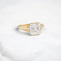 3.13CT Asscher Cut Moissanite Bezel Engagement Ring with Pear Side Stones in 14K Yellow Gold
