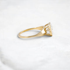 3.13CT Asscher Cut Moissanite Bezel Engagement Ring with Pear Side Stones in 14K Yellow Gold