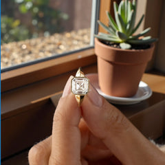 3.13CT Asscher Cut Moissanite Bezel Engagement Ring with Pear Side Stones in 14K Yellow Gold