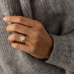 3.13CT Asscher Cut Moissanite Bezel Engagement Ring with Pear Side Stones in 14K Yellow Gold
