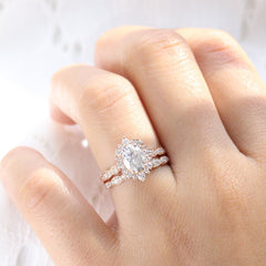 1.50CT Oval Cut Moissanite Halo Pave Bridal Engagement Ring Set