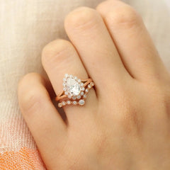 1.50CT Pear Cut Solitaire Moissanite Halo Bridal Engagement Ring Set