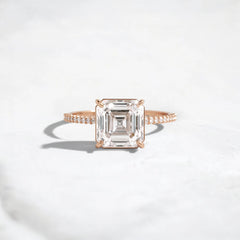 3CT Asscher Cut Moissanite Engagement Ring with Pave 14K Solid Yellow Gold