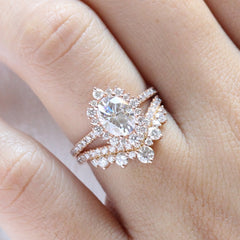 1.50CT Oval Cut Moissanite Halo Pave Bridal Engagement Ring Set