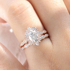 1.50CT Oval Cut Moissanite Halo Pave Bridal Engagement Ring Set