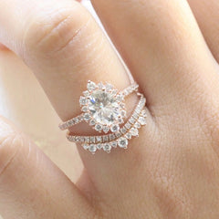 1.50CT Oval Cut Moissanite Tiara Halo Pave Bridal Engagement Ring Set