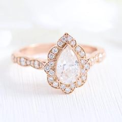 1.0CT Vintage Floral Pear Cut Moissanite Halo Bridal Engagement Ring Set