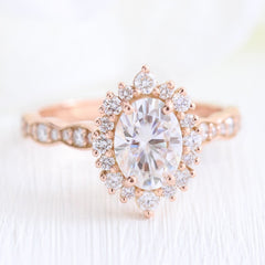 1.50CT Oval Cut Moissanite Halo Pave Bridal Engagement Ring Set